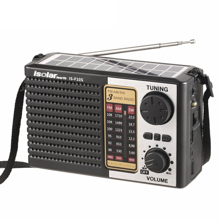 Преносимо соларно радио, MP3, Bluetooth, LED фенерче, FM/AM/SW, соларно зареждане, 16.2x10.2x6.5cm