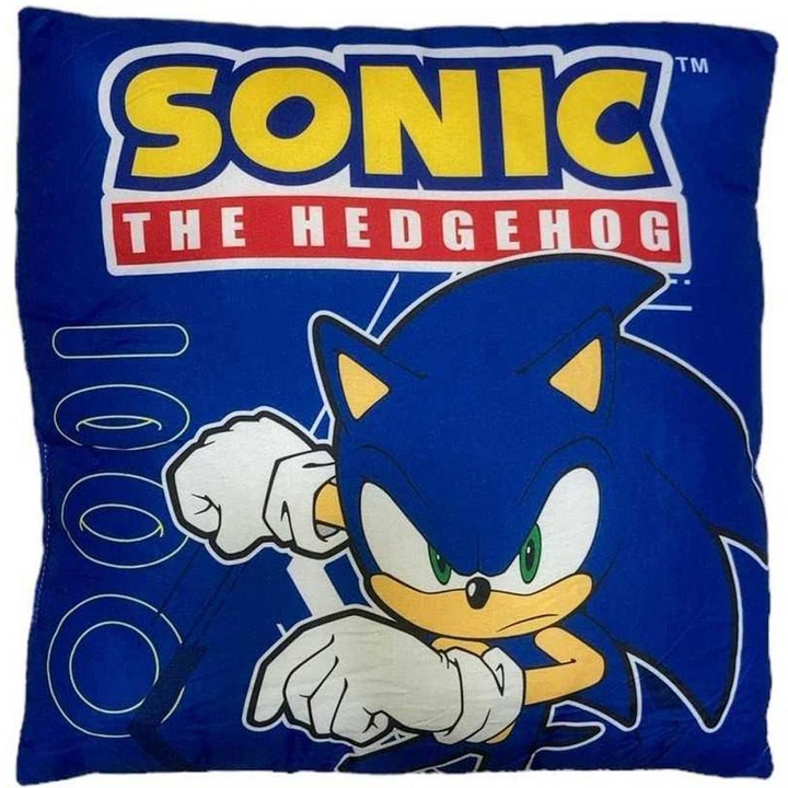 Sonic, fiú kocka párna, kétoldali mintás, kék, 40x40cm