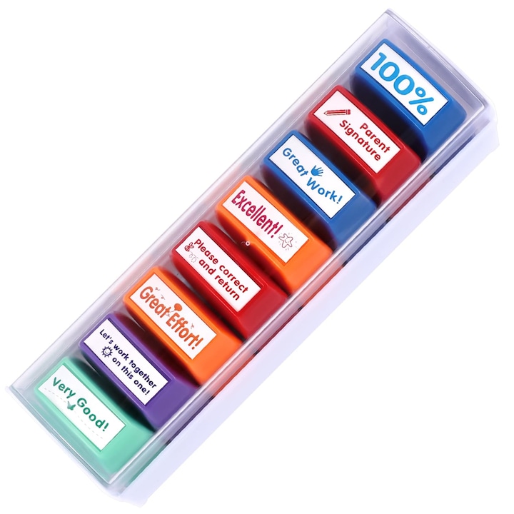 Set 8 stampile auto-insemnante pentru profesori, multicolor, plastic, pentru prescolari
