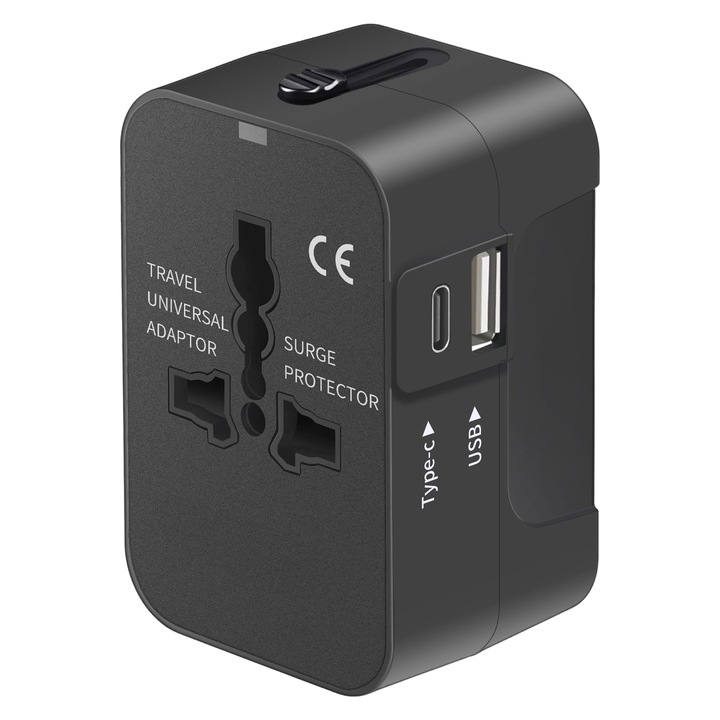 Adaptor de calatorie universal, cu porturi USB-C si USB-A, protectie multipla, negru, 3x1.5x1.9 inch