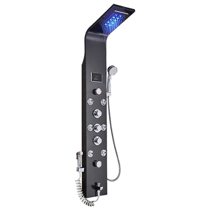 Coloana de dus cu LED, 6 functii, afisaj LCD inteligent, ABS/Inox, negru, 150cm