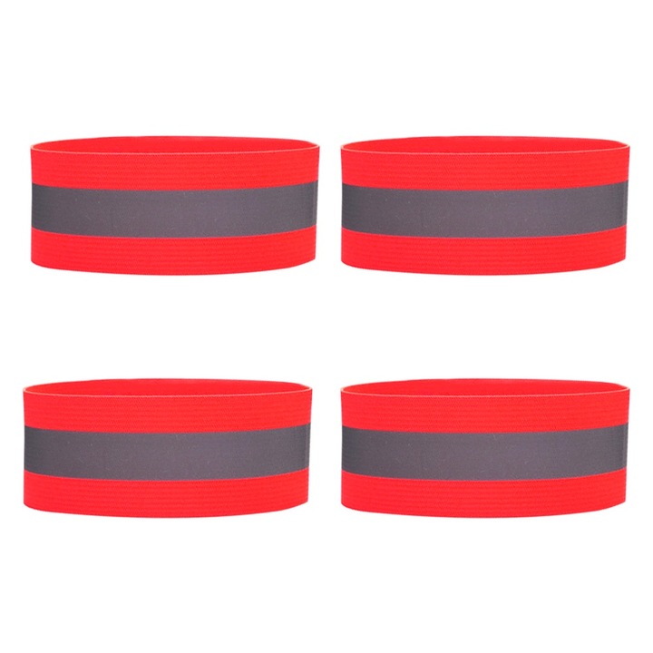 Set 4 benzi reflectorizante, ajustabile, pentru alergare si ciclism, argintiu/rosu