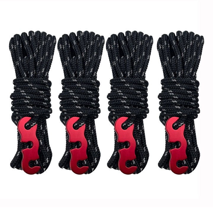 Set 4 corzi reflectorizante pentru cort, multifunctionale, negru, 4m