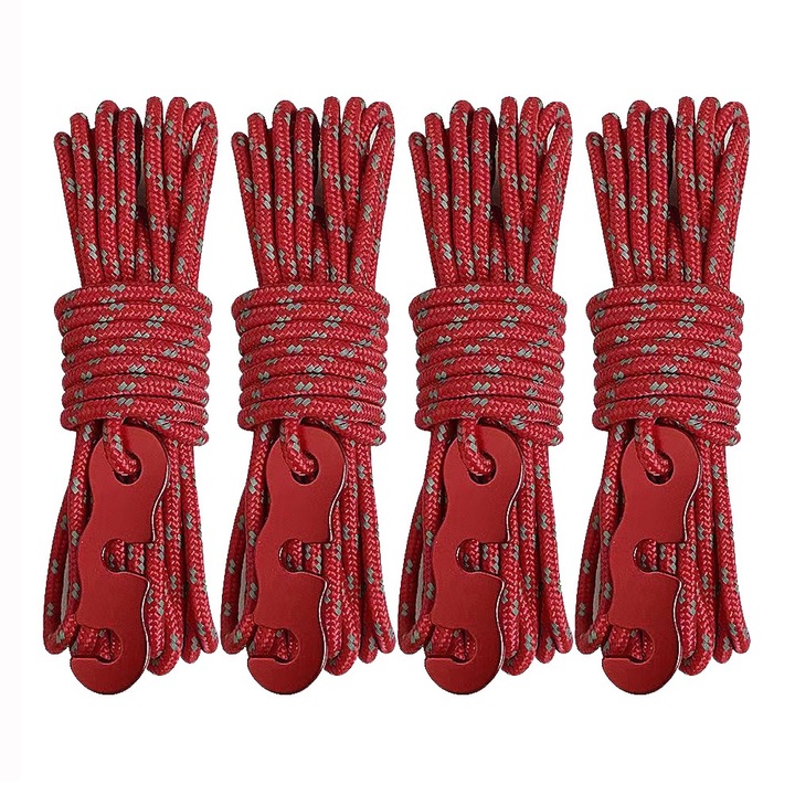 Set 4 corzi reflectorizante pentru cort, multifunctionale, 4m, rosu