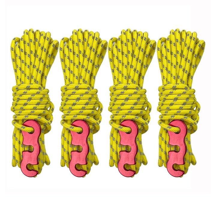 Set 4 corzi reflectorizante pentru cort, nailon/aluminiu, multifunctionale, galben/rosu, 4m