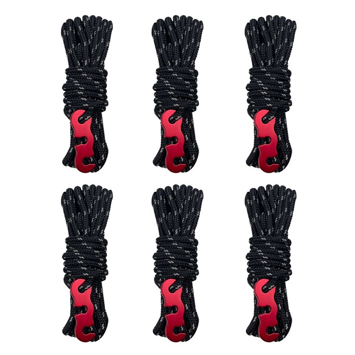 Set 6 corzi reflectorizante pentru cort, multifunctionale, negru, 4m