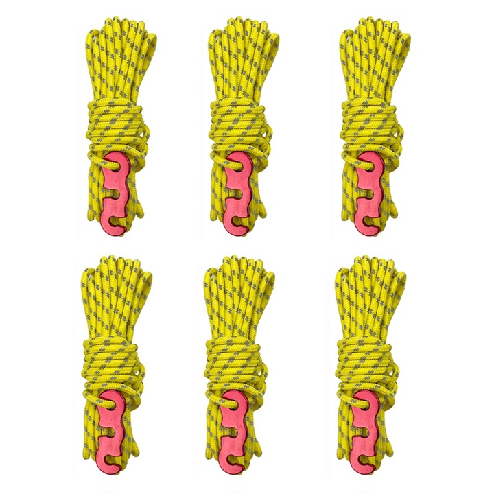 Set 6 corzi reflectorizante pentru cort, nailon/aluminiu, galben/rosu, 4m