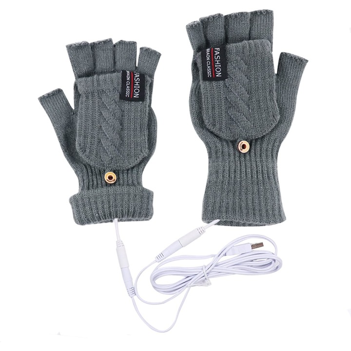 Термични ръкавици QttvbTna, USB отопление, половин пръст, за дейности на открито, сиви