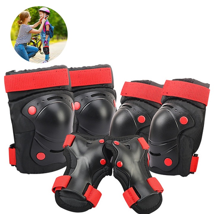 Set protectie pentru copii Jormftte, genunchiere, cotiere, protectii pentru incheieturi, negru si rosu, 23x40x6cm