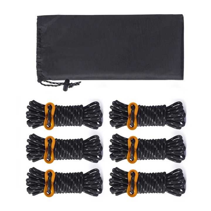 Set 6 bucati sfoara reflectorizanta pentru cort, rezistenta 260kg, 4m, negru