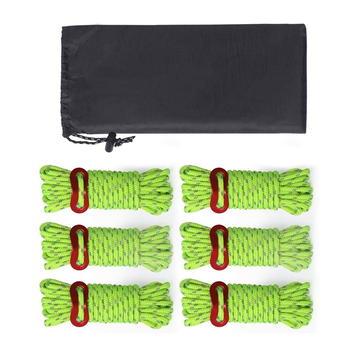 Set 6 sfori reflectorizante pentru cort, rezistenta 260kg, verde fluorescent, 4m