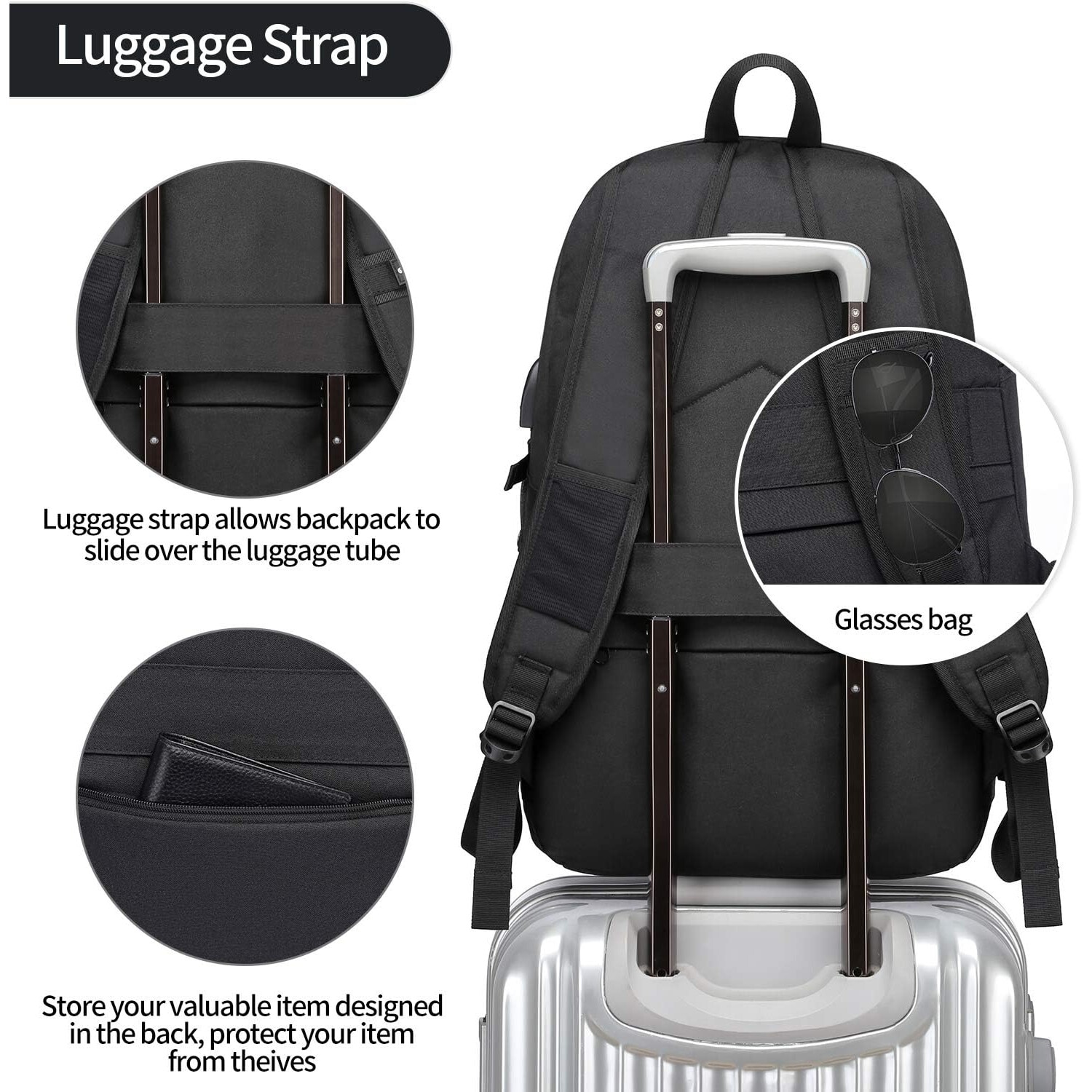 Rucsac Laptop QttvbTna, Antifurt, Port USB, Negru, 30x48x15cm