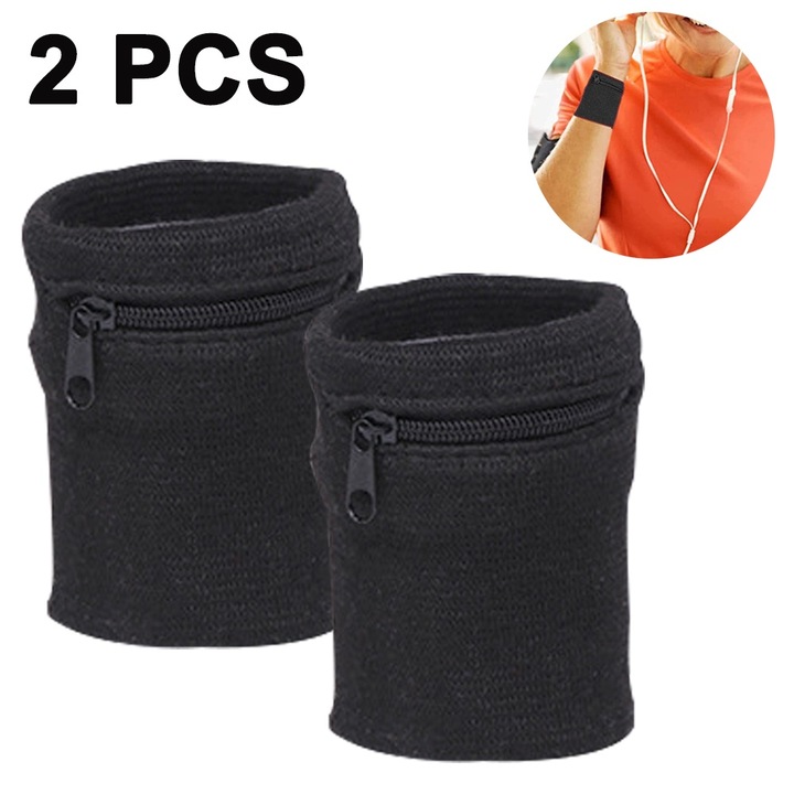 Set 2 bentite pentru incheietura mainii, Respirabile, cu Fermoar, Negru, 8x8cm