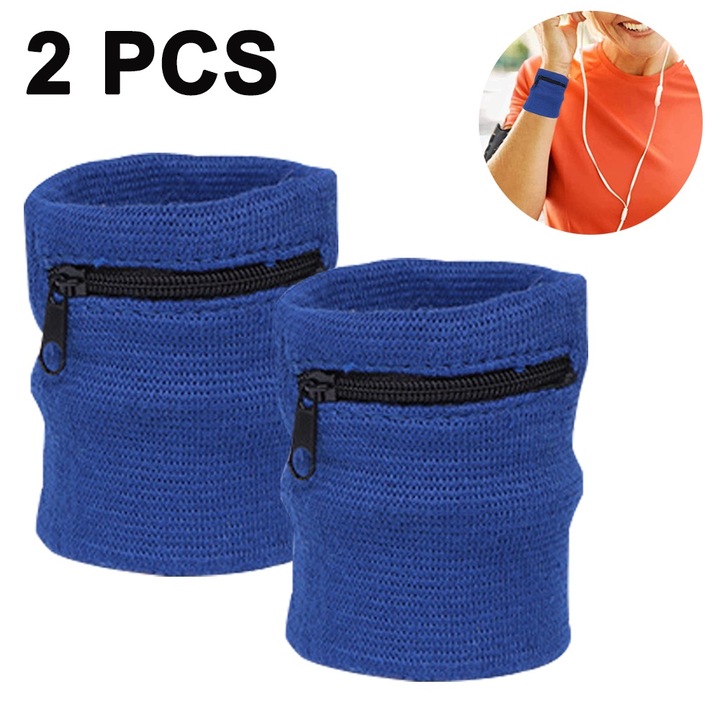 Set 2 bucati, Banda de incheietura sport, respirabila, cu fermoar, multicolor, 8x8cm