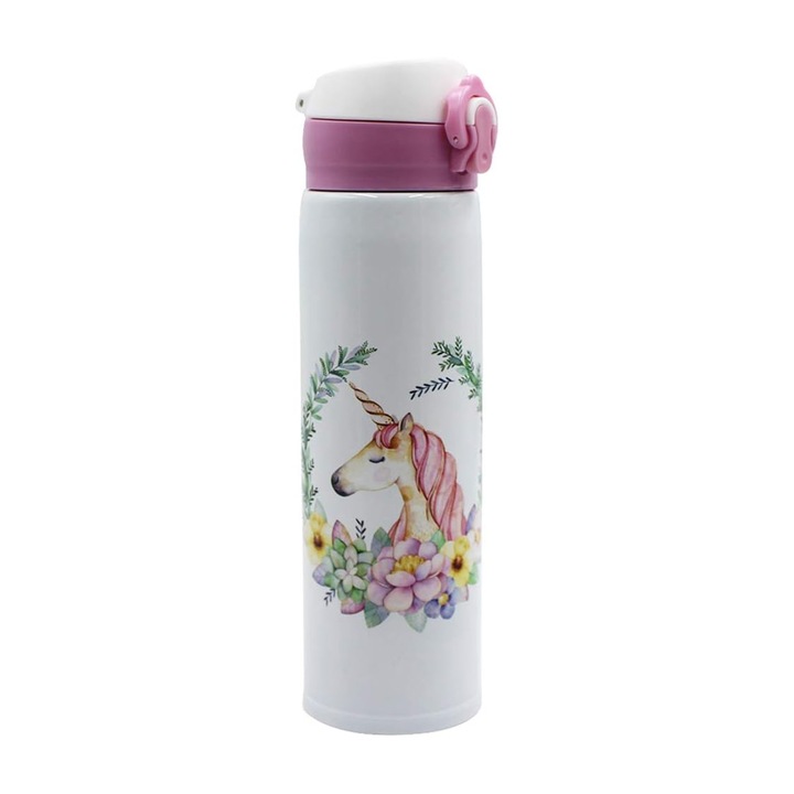 Sticla Termoizolanta pentru copii, QttvbTna, Deschidere Usoara, Inox, Multicolor, 500 ml