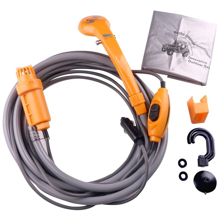 Преносим душ за къмпинг, QttvbTna, 12V, дължина на кабела 5м, ABS, пълен комплект, черен