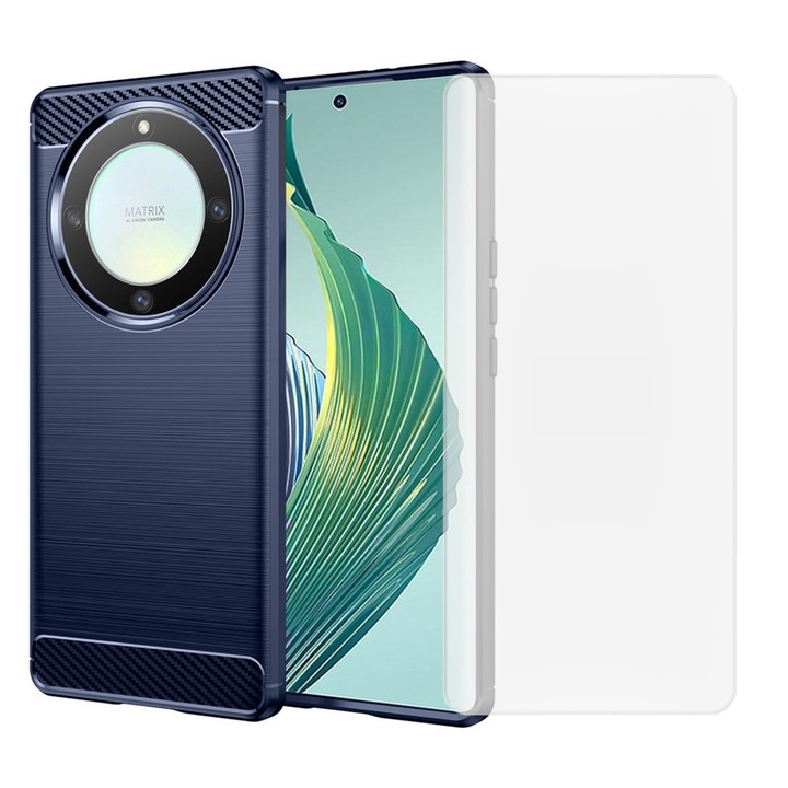 Комплект карбоново покритие с фолио, съвместимо с Honor Magic5 Lite, Anti-Shock, Cooling Effect, 360 Protection, Blue