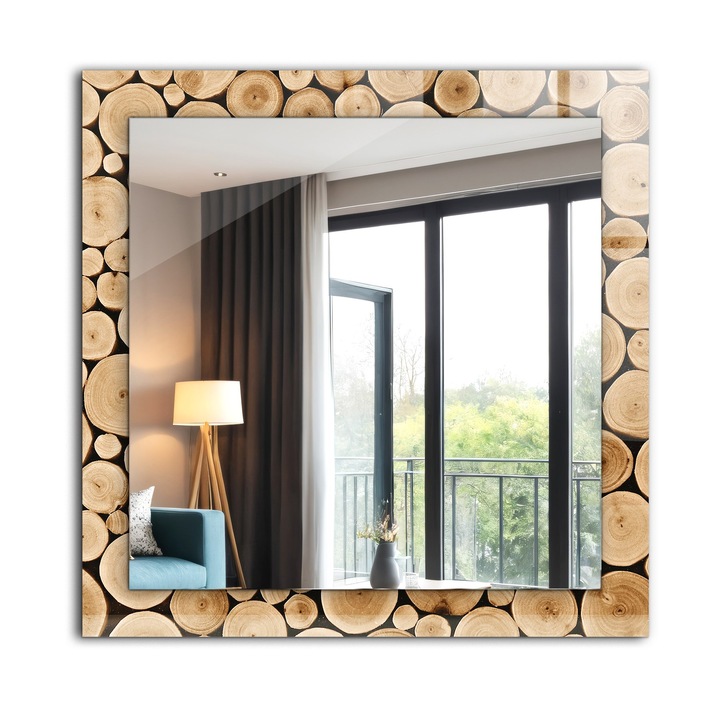 Oglinda dreptunghiulara, Tulup, Sectiuni transversale ale trunchiurilor copacilor, Maro deschis, 60x60 cm, de perete, Cu rama, 010300550390300053736