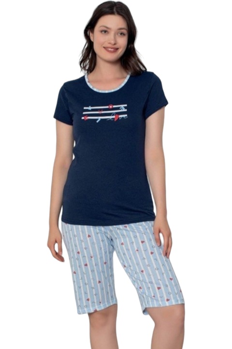 Pijama dama, StarFashion, 2 piese, tricou si pantalon scurt, Bleumarin