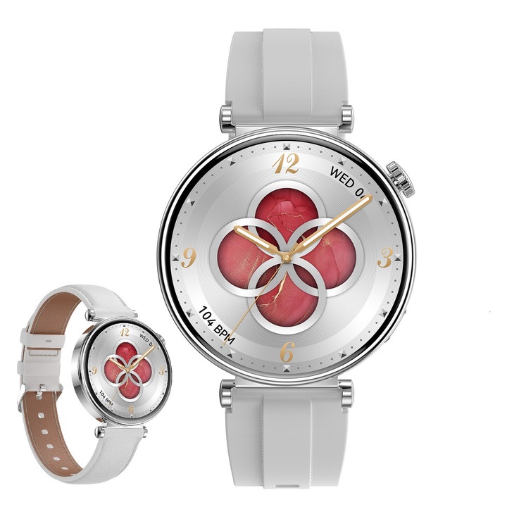 Ceas SmartWatch Premium de Dama, VeReTech, Ecran Super Amoled de 1.32 inch, cu 2 Bratari, 466*466 Pixeli, IP68, Bluetooth 5.3, NFC, cu 37 Aplicatii, Spo2, Ritm Cardiac, Tensiune, Somn, Multi Sport, AOD, Apeluri Vocale, Notificari Social Media, Argintiu