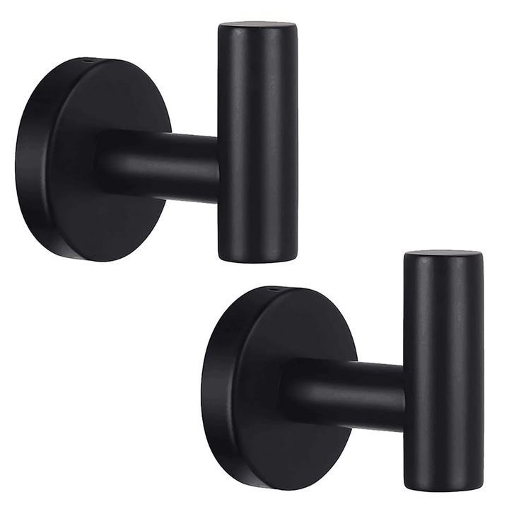 Set 2 agatatori baie, SINBINTA, Cu dibluri si suruburi, Fixare ascunsa, Usor de asamblat, Sarcina portanta 7kg, Rezistenta la apa, Nu se estompeaza, Pentru prosopul, haina, palaria, Otel inoxidabil, Negru