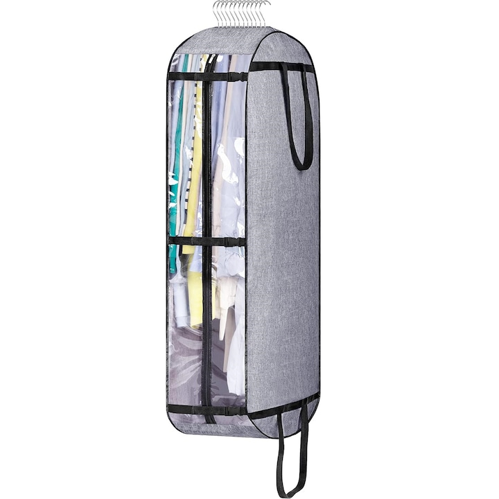 Husa Impermeabila Pentru Protectie Haine In Dulap/Dressing, XINLOSHU®, Lungime 125 cm, Latime 25 cm, Inaltime 60 cm, Portabil, gri/Transparent