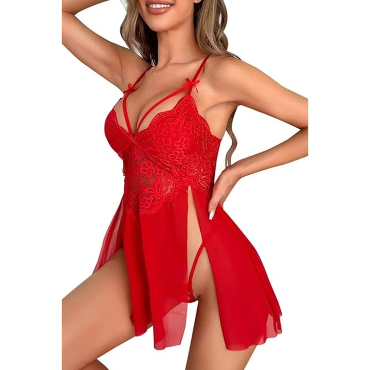 Set 2 piese lenjerie sexy de dama, MzcrJosv®, Rochie de dantela, Tanga, Marime M, Poliester, Rosu