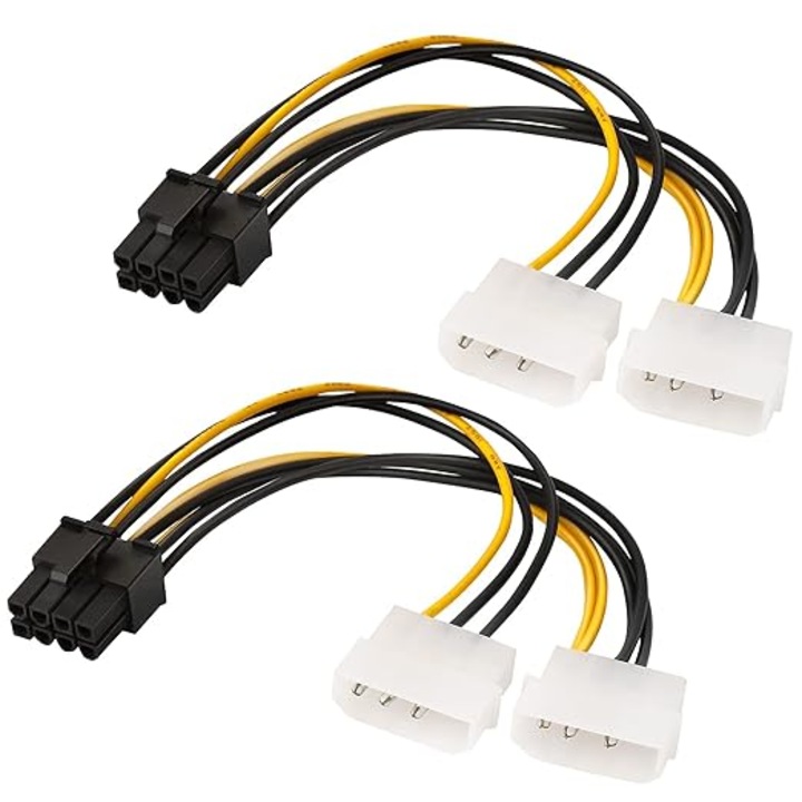 Комплект от 2 адаптера за захранващ кабел, JENUOS, PCI-E 8-пинов мъжки към 2 x MOLEX 4-пинов мъжки, за PCI-e ATX видео карти, 20 см, черен/жълт