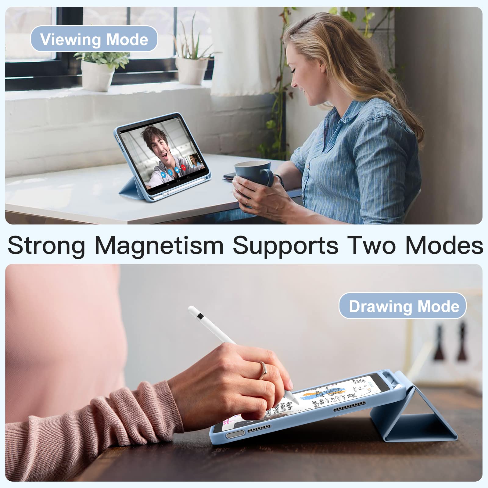 Husa tableta pentru iPad 11th gen 11-inch 2025 si iPad 10th gen 10.9-inch 2022, compartiment pentru Apple Pencil, design tri-fold, PU, TPU, ZYciyci®, albastru ceresc