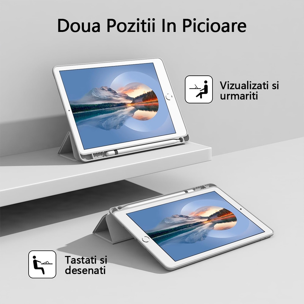 Husa tableta, Compatibila Apple iPad 10.9 inch 2022, REDKID®, Husa suport pentru creion, Grey Beige