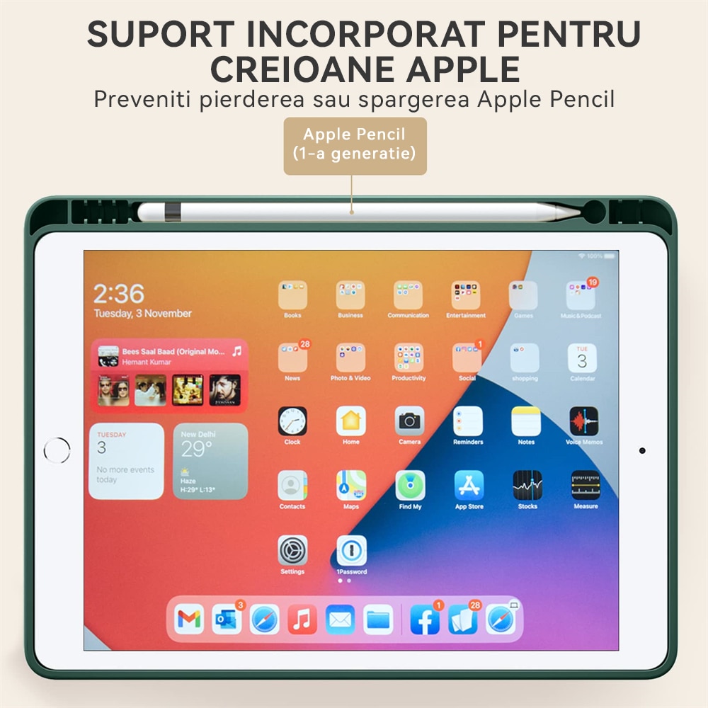Husa tableta, Compatibila Apple iPad 7/8/9 10.2", 2019 2020 2021 Husa suport pentru creion, REDKID®, Green Tea