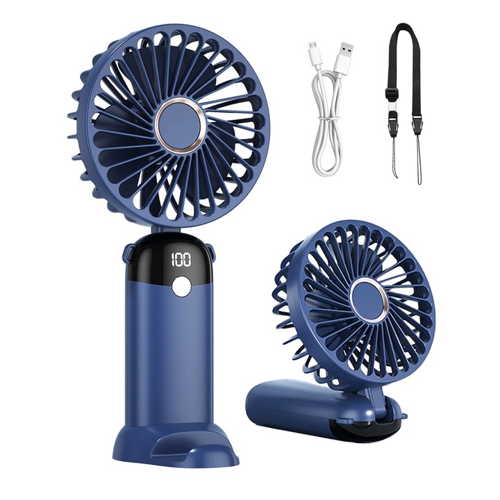 3 az 1-ben hordozható ventilátor, LED képernyővel, Begleri, 4200 mAh, 6 sebességfokozat, állítható szögek 90 fokig, asztal/kéz/nyak, összecsukható, újratölthető C típusú port telefontartóval, lila, kék