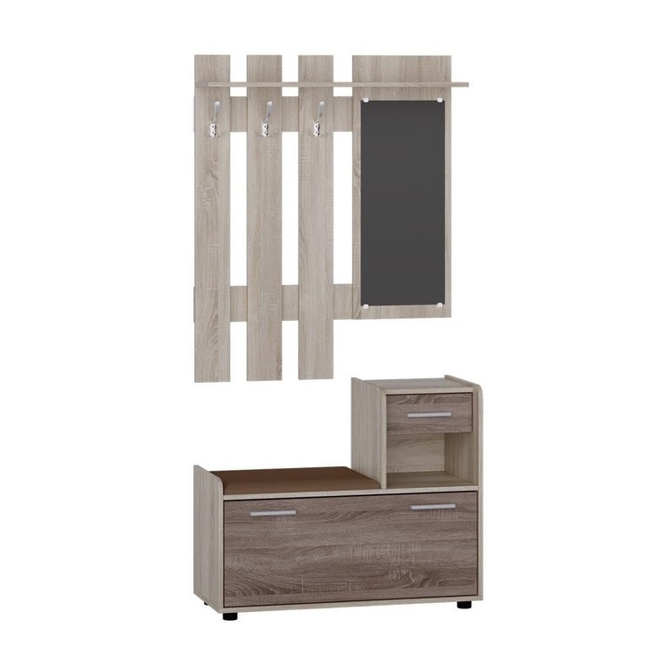 Cuier hol Tandem R, 90x38x200 cm, panou cu oglinda si cuier, pantofar, culoare stejar sonoma, trufel