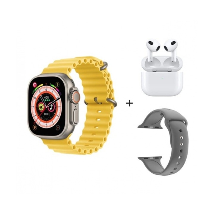 Комплект смарт часовник S30 ProMax, Bluetooth повиквания, Известия, Мониторинг на съня, Безжични слушалки, Каишки, Жълт комплект