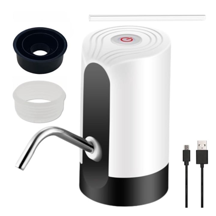 Dozator electric Madynik™, cu 2 adaptoare universale, pentru apa potabila din bidon, design minimalist, silentios, portabil, baterie 1200 mAH, presiune automata, incarcator USB inclus
