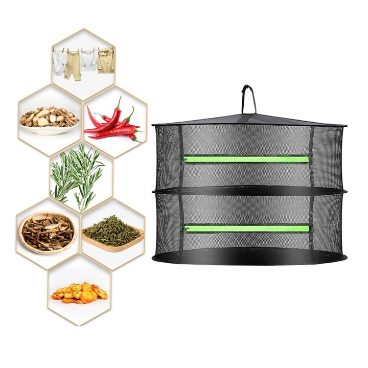 Plasa uscare plante, NUODWELL, Cu geanta de depozitare, Designul pliabil, Pentru bucatarii, curti si terenuri de pescuit, Nailon, 60x38cm, Negru/Verde