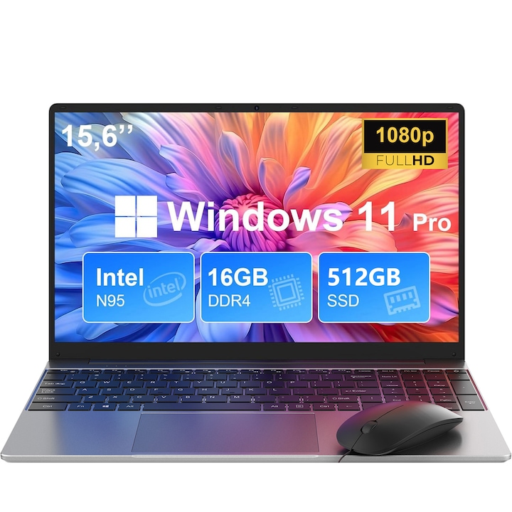 Laptop 15.6" cu procesor Intel Alder Lake N95, pana la 3.4GHz, Windows 11 Pro, 16GB RAM, 512GB SSD, 1920*1080 Full HD, Intel® UHD Graphics, 2.4G/5GHz WIFI, Argintiu