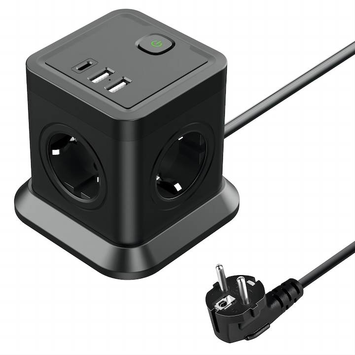 Prelungitor tip turn, Excitat®, 2xUSB, 1xType-C/4xPrize curent alternativ, 4000W, 2m, Protectie impotriva trasnetului cu lumina de noapte, Negru