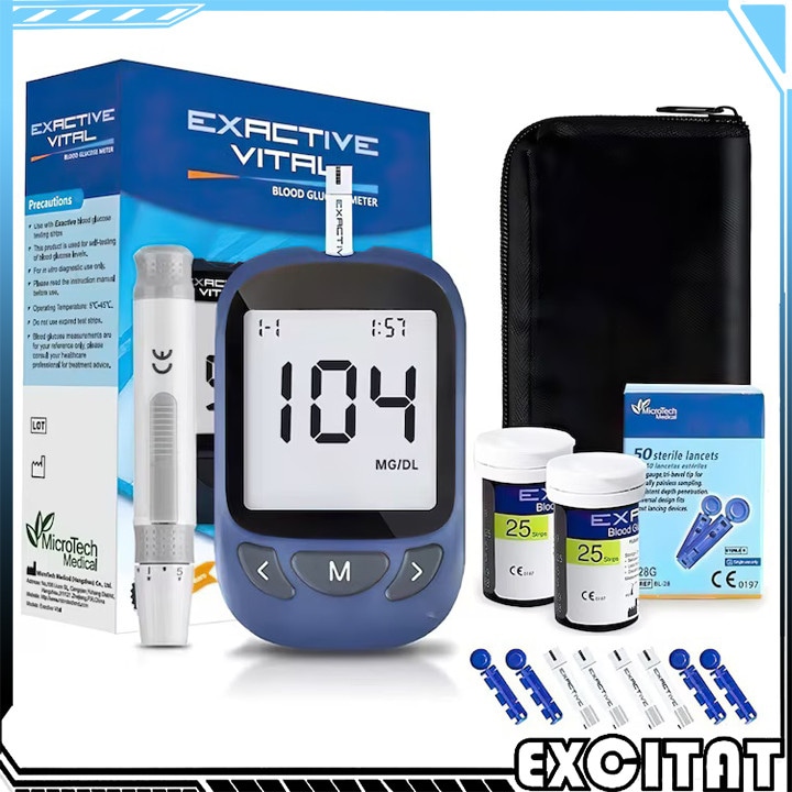 Glucometru portabil pentru monitorizarea glicemiei, Excitat®, masoara nivelul zaharului din sange, ofera rezultate rapide si precise, Display Digital LCD, include 50 de benzi de testare, 50 de ace si o geanta de transport, Code Free, Albastru