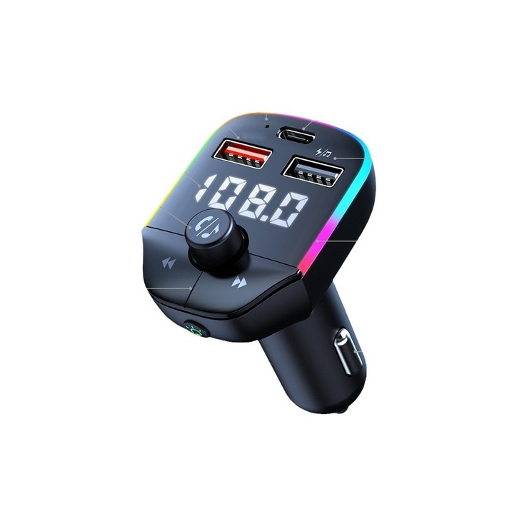 Autós FM-modulátor Bluetooth 5.0-val, kihangosító autós készlet, FM adó autós töltő funkcióval, gyorstöltés USB Type-C / USB 3.1A-n keresztül, MP3 lejátszó, LED kijelző, fekete