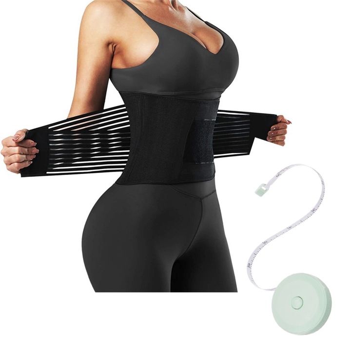 Centura abdominala postnatala, cu Banda de Masurat, AllizBan, tip corset, Modelatoare pentru Recuperare si Slabit, Marimea XL, Negru