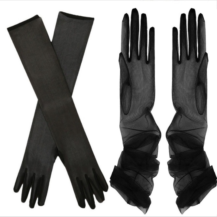 Set 2 manusi dama, JENUOS®, satin lungi si tul lungi, pana la cot, elegante, evenimente si dansuri, nasa sau domnisoara de onoare, 55cm, Negru