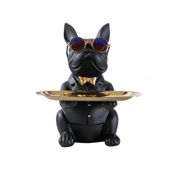 Decoratiune bulldog francez, NUODWELL, Cu tavita, Depozitarea multifunctionala, Durabil si robust, nu se va sparge usor, Reutilizabile, Pentru case, baruri si restaurante, Rasina, 19x23.5cm, Negru/Auriu