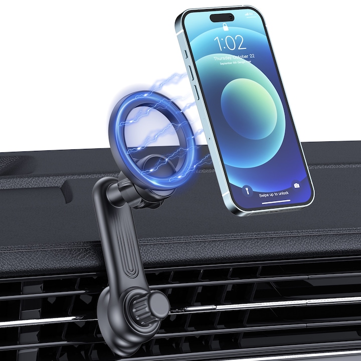 Стойка за телефон за кола, SDLOGAL®, магнитна, съвместима с MagSafe и универсален телефон, с въртене на 360⁰, щипка за вентилационна решетка, черна
