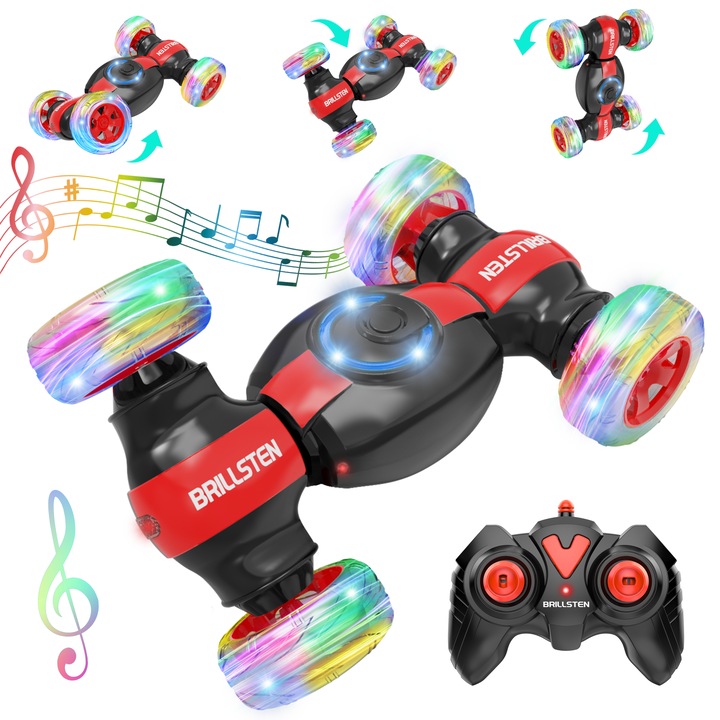 Masina cu telecomanda RC pentru copii, Brillsten, masinuta de Cascadorie, 4WD, drift si off-road, 2.4GHz Radio Controlled, Rotire 360 grade, Lumini si sunete interactive, Rosu/Negru