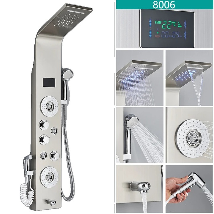 Coloana de dus cu manere de control, sistem LED, inox, 8006 Nickel, 400mm