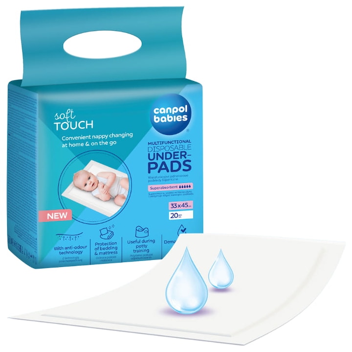 Комплект 20 хигиенни подложки за смяна на бебе, Canpol Babies, 33 x 45 см, бял