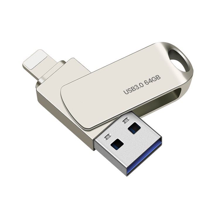 USB памет SINBINTA, 64 GB, 2 В 1, Въртяща се на 360⁰, Водоустойчива, С ключодържател, USB3.0, Устойчива на удари, Антимагнитна, устойчива на рентгенови лъчи, За компютър, автомобилна аудиосистема, проектор, ipad, iPhone, метална , 13 x 47 x 8 мм, сребрист