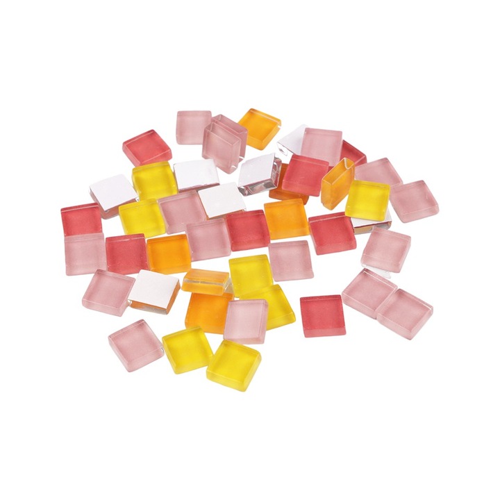 Set 35 pietre decorative de mozaic din sticla Crisalida, 10 x 10 mm, Roz pudrat si galben