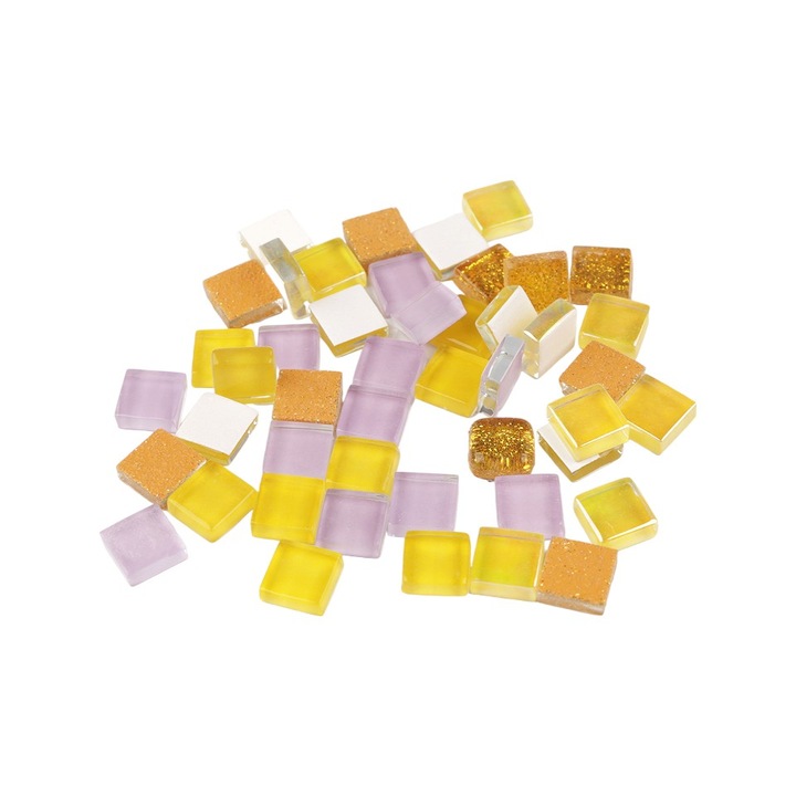 Set 35 pietre decorative de mozaic din sticla Crisalida, 10 x 10 mm, Mov si galben